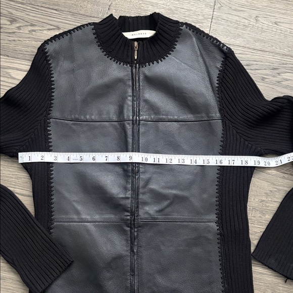 Melrose | Black Genuine Leather Front Zip Knit-Sleeve Jacket Full Moto Medium - Picture 8 of 14